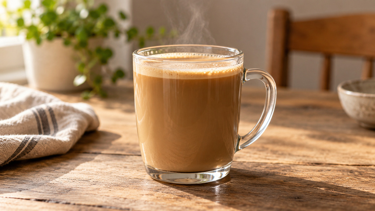 Laktosefreier Milchkaffee mit Kardamom: Fertiges Getränk als zentrales Hauptmotiv.