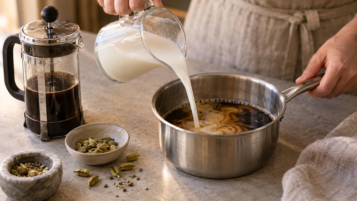 Laktosefreier Milchkaffee mit Kardamom: Verwendete Zutaten und nachvollziehbare Vorbereitung.