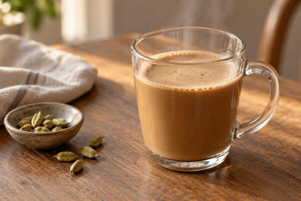 Laktosefreier Milchkaffee mit Kardamom: Fertiges Getränk aus einer alternativen Perspektive.