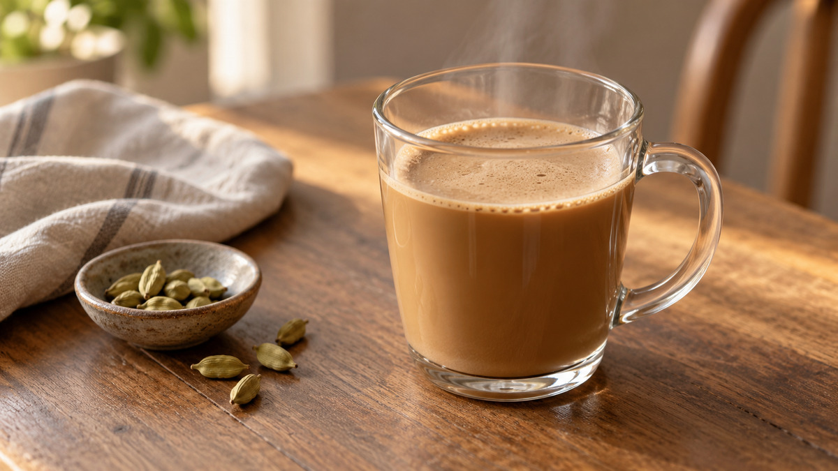 Laktosefreier Milchkaffee mit Kardamom: Fertiges Getränk aus einer alternativen Perspektive.