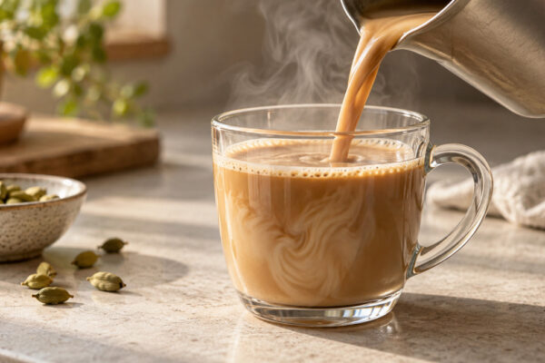 Laktosefreier Milchkaffee mit Kardamom: Alternative Anrichtung oder aktive Servierszene.