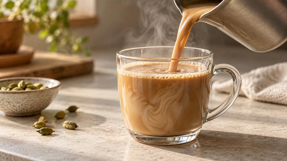 Laktosefreier Milchkaffee mit Kardamom: Alternative Anrichtung oder aktive Servierszene.