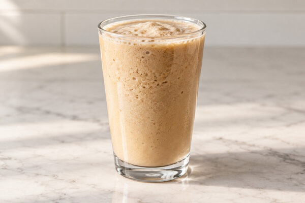 Laktosefreier Vanille-Kaffee-Shake: Fertiges Getränk als zentrales Hauptmotiv.