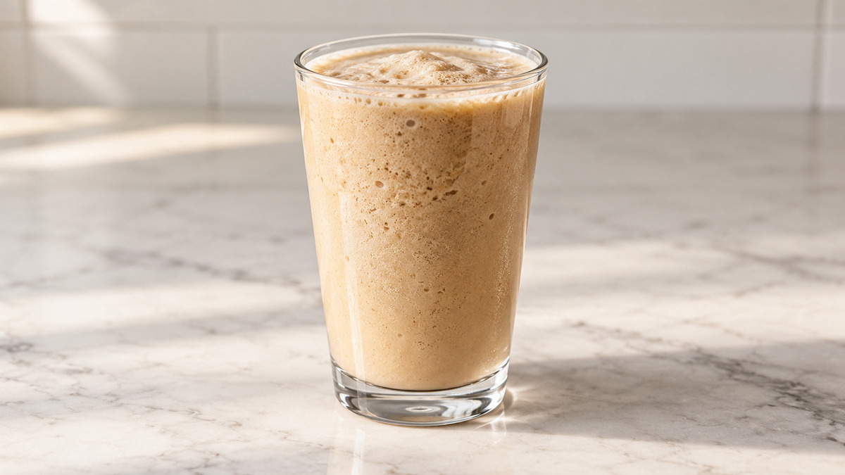Laktosefreier Vanille-Kaffee-Shake: Fertiges Getränk als zentrales Hauptmotiv.
