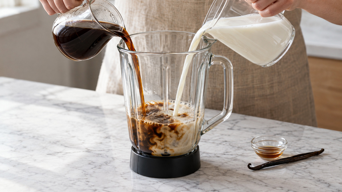 Laktosefreier Vanille-Kaffee-Shake: Verwendete Zutaten und nachvollziehbare Vorbereitung.