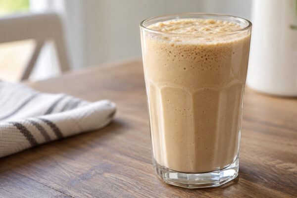 Laktosefreier Vanille-Kaffee-Shake: Fertiges Getränk aus einer alternativen Perspektive.