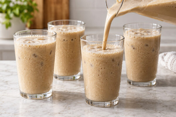 Laktosefreier Vanille-Kaffee-Shake: Alternative Anrichtung oder aktive Servierszene.