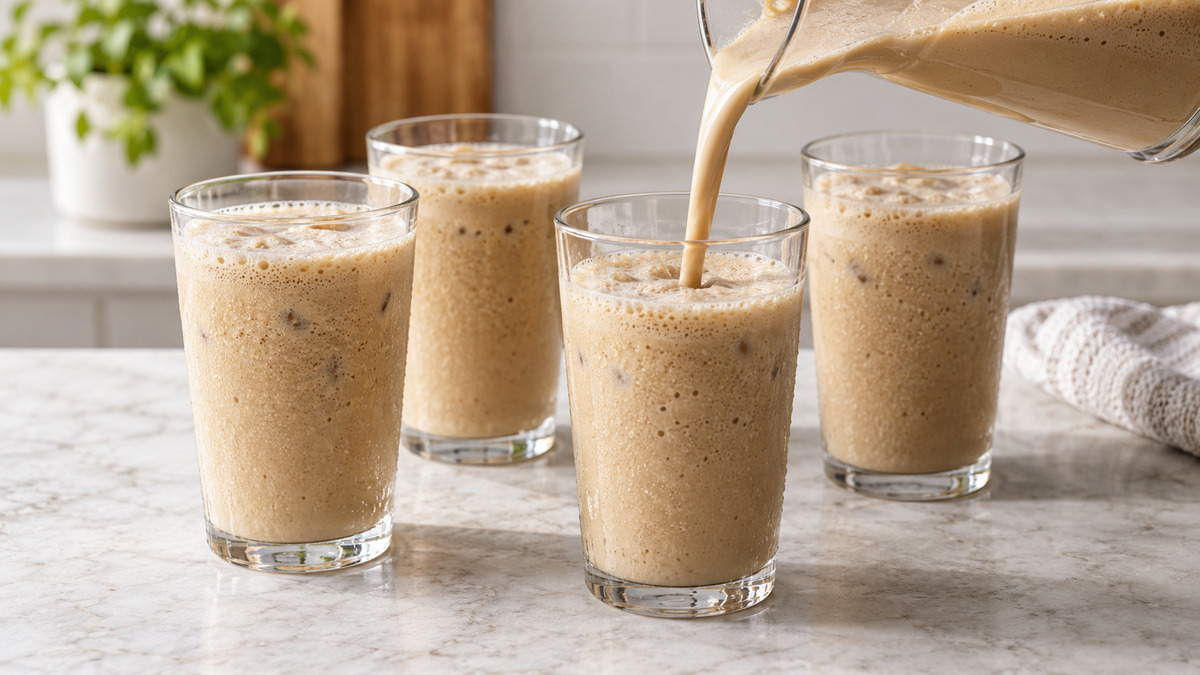 Laktosefreier Vanille-Kaffee-Shake: Alternative Anrichtung oder aktive Servierszene.