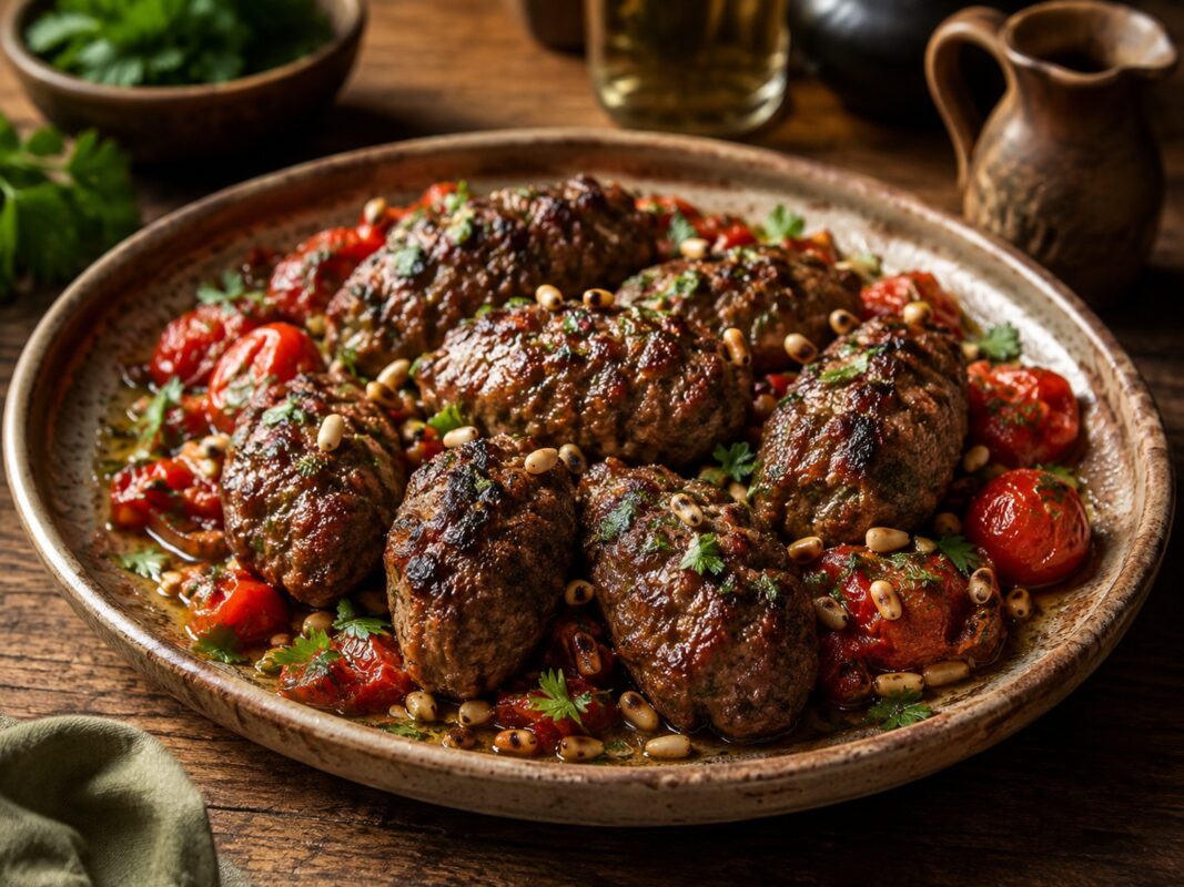 Große Keramikplatte mit dunklen Lamm-Kofta, gerösteten Tomaten, Pinienkernen und Kräutern.