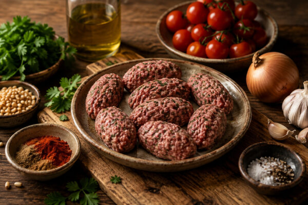Zutaten- und Vorbereitungsansicht mit Lammhackfleisch, Zwiebel, Knoblauch, Gewürzen, Tomaten, Pinienkernen und Petersilie.