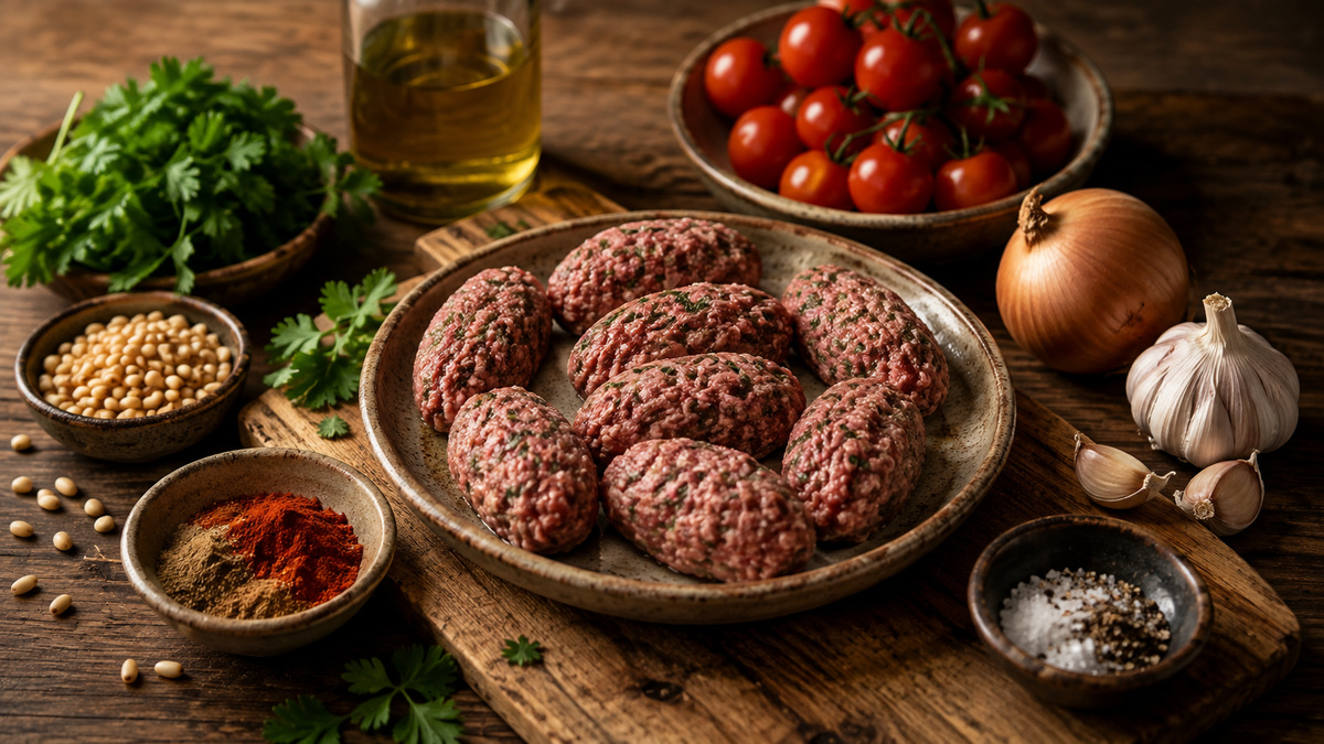 Zutaten- und Vorbereitungsansicht mit Lammhackfleisch, Zwiebel, Knoblauch, Gewürzen, Tomaten, Pinienkernen und Petersilie.