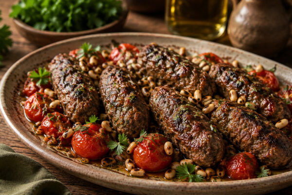 Fertige Lamm-Kofta mit geschmorten Tomaten, Pinienkernen und Kräutern im rustikalen Set.