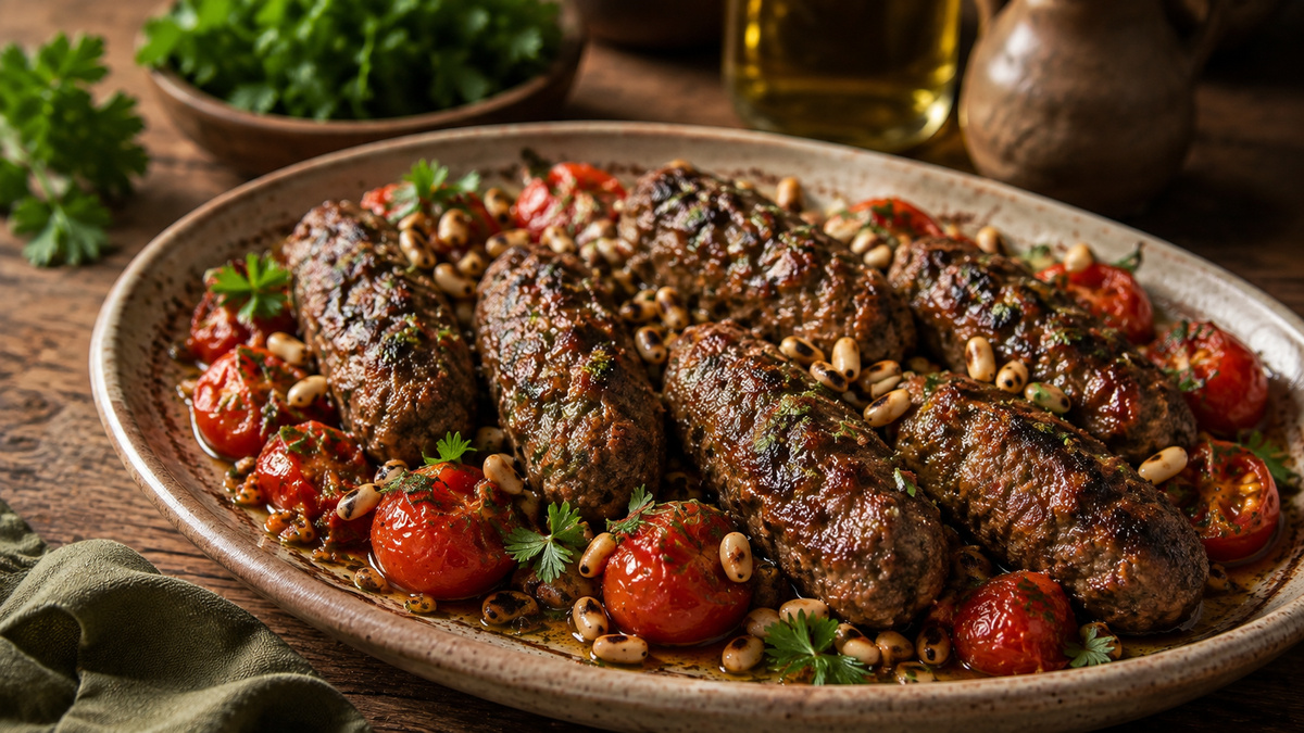 Fertige Lamm-Kofta mit geschmorten Tomaten, Pinienkernen und Kräutern im rustikalen Set.