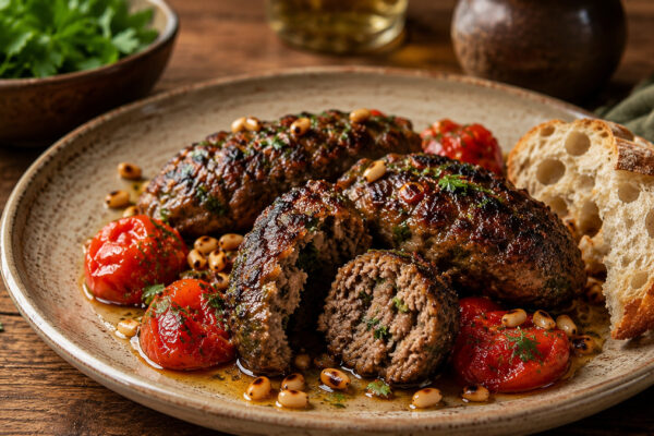 Nahe Servieransicht der fertigen Lamm-Kofta mit Tomaten und gerösteten Pinienkernen.
