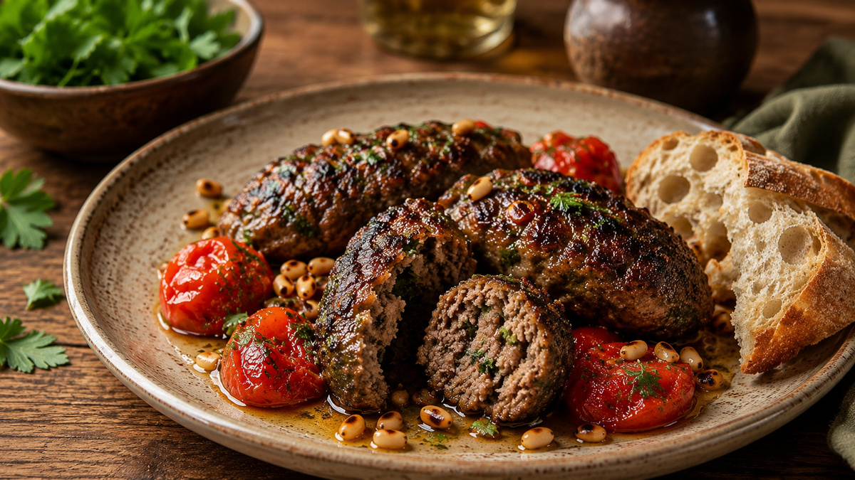Nahe Servieransicht der fertigen Lamm-Kofta mit Tomaten und gerösteten Pinienkernen.