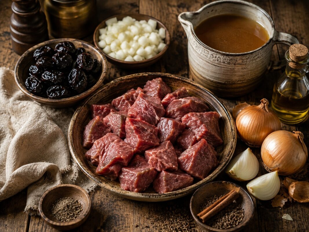 Zutaten- und Vorbereitungsansicht mit Lammfleisch, Trockenpflaumen, Zwiebeln, Brühe und Zimt auf rustikalem Holztisch.
