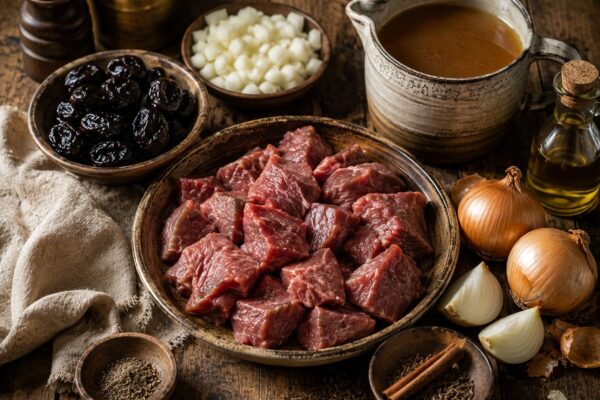 Zutaten- und Vorbereitungsansicht mit Lammfleisch, Trockenpflaumen, Zwiebeln, Brühe und Zimt auf rustikalem Holztisch.
