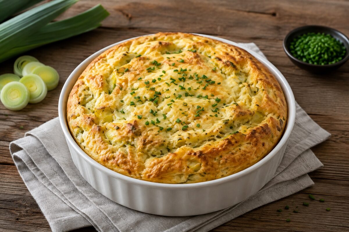 Große runde weiße Auflaufform mit hoch aufgegangenem goldbraunem Lauch-Käse-Soufflé, mit Schnittlauch bestreut.