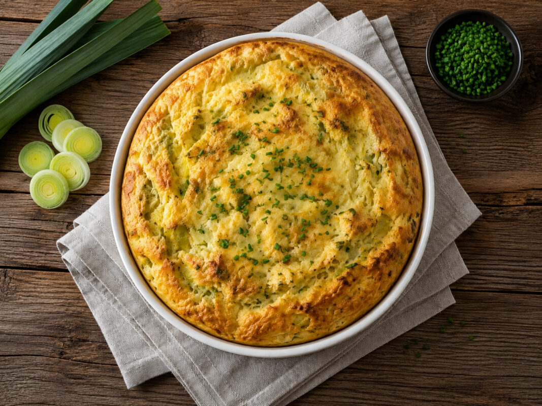Draufsicht auf das fertig gebackene Lauch-Käse-Soufflé in derselben großen runden weißen Auflaufform. Die goldbraune Oberfläche ist luftig aufgegangen und mit Schnittlauch bestreut; Holztisch, Leinentuch, Lauchringe links und kleine dunkle Schnittlauchsc…