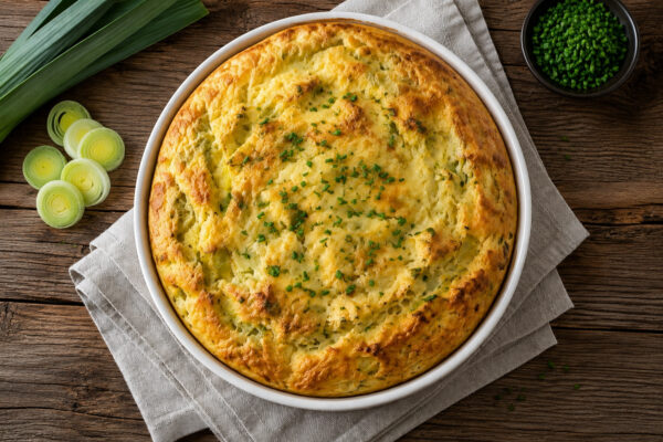 Draufsicht auf das fertig gebackene Lauch-Käse-Soufflé in derselben großen runden weißen Auflaufform. Die goldbraune Oberfläche ist luftig aufgegangen und mit Schnittlauch bestreut; Holztisch, Leinentuch, Lauchringe links und kleine dunkle Schnittlauchsc…