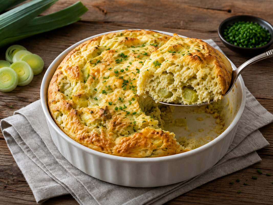 Serviersituation des fertigen Gerichts in derselben großen runden weißen Auflaufform: Eine Portion des goldbraunen Lauch-Käse-Soufflés wird mit neutralem Metallbesteck entnommen. Die lockere Innenstruktur mit Lauchstücken ist sichtbar; Schnittlauchbestre…