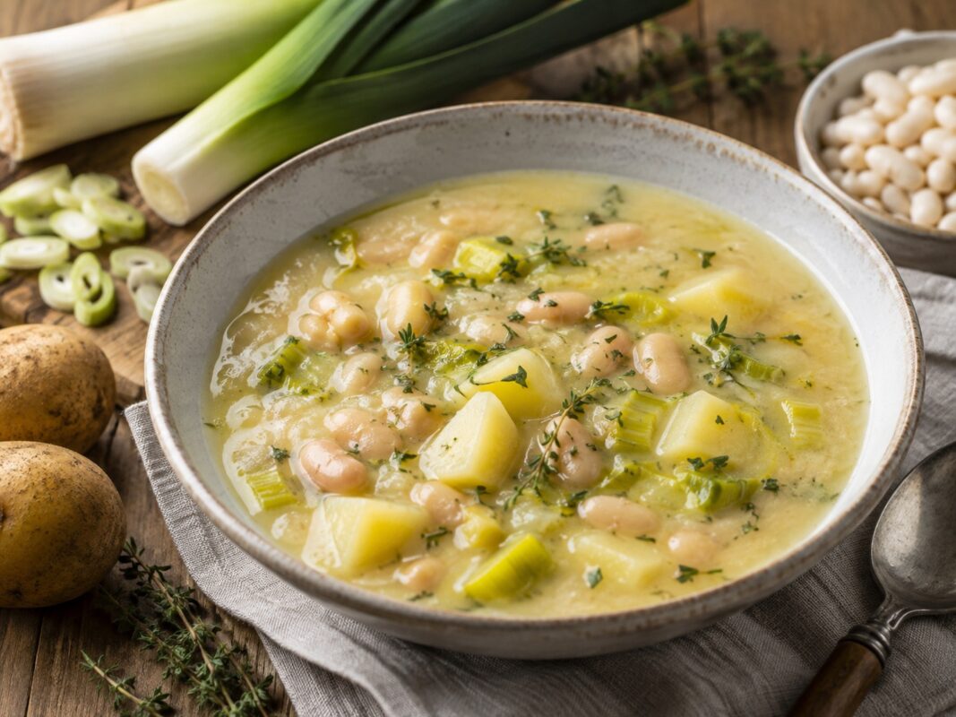 Cremige helle Suppe mit sichtbaren Kartoffelstücken, Lauchringen und weißen Bohnen in einer Keramikschale.