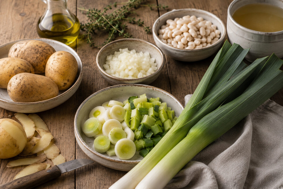 Zutaten- und Vorbereitungsansicht mit Kartoffeln, Lauch, weißen Bohnen, Zwiebel, Gemüsebrühe, Olivenöl und Thymian auf rustikalem Holzuntergrund.