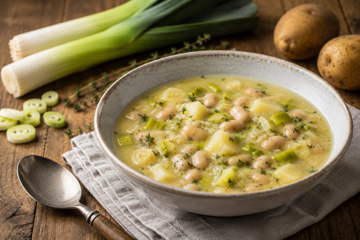 Fertige Lauch-Kartoffel-Suppe mit weißen Bohnen in heller Keramikschale aus veränderter Perspektive; Kartoffelstücke, Lauch, Bohnen und Thymian sichtbar.
