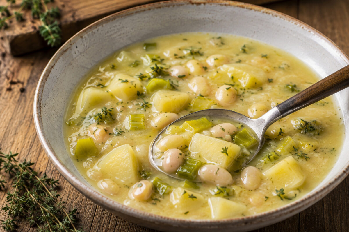Detailaufnahme der fertigen Suppe mit Löffel; sichtbar sind Kartoffelstücke, Lauch, weiße Bohnen und Thymian in derselben rustikalen Bildwelt.