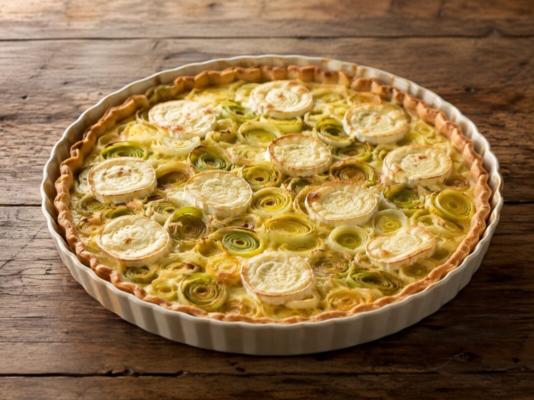 Runde goldbraune Tarte mit Lauchringen und mehreren hellen Ziegenkäsescheiben in einer hellen Tarteform.