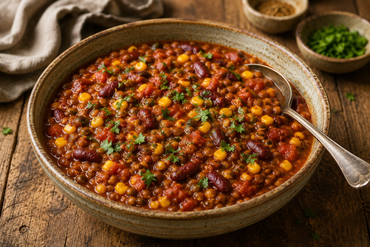 Fertiges Linsen-Chili mit braunen Linsen, Kidneybohnen, Mais und Kräutern in rustikaler Keramikschale, Hauptansicht.