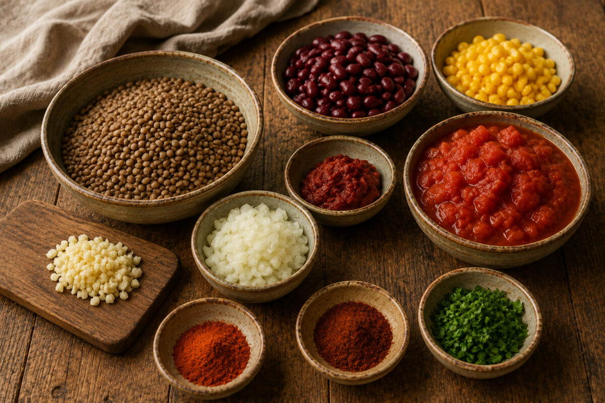 Zutaten- und Vorbereitungsansicht mit braunen Linsen, Kidneybohnen, Mais, Zwiebel, Knoblauch, Tomaten, Tomatenmark, Gewürzen und Kräutern.
