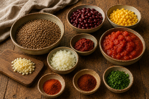 Zutaten- und Vorbereitungsansicht mit braunen Linsen, Kidneybohnen, Mais, Zwiebel, Knoblauch, Tomaten, Tomatenmark, Gewürzen und Kräutern.