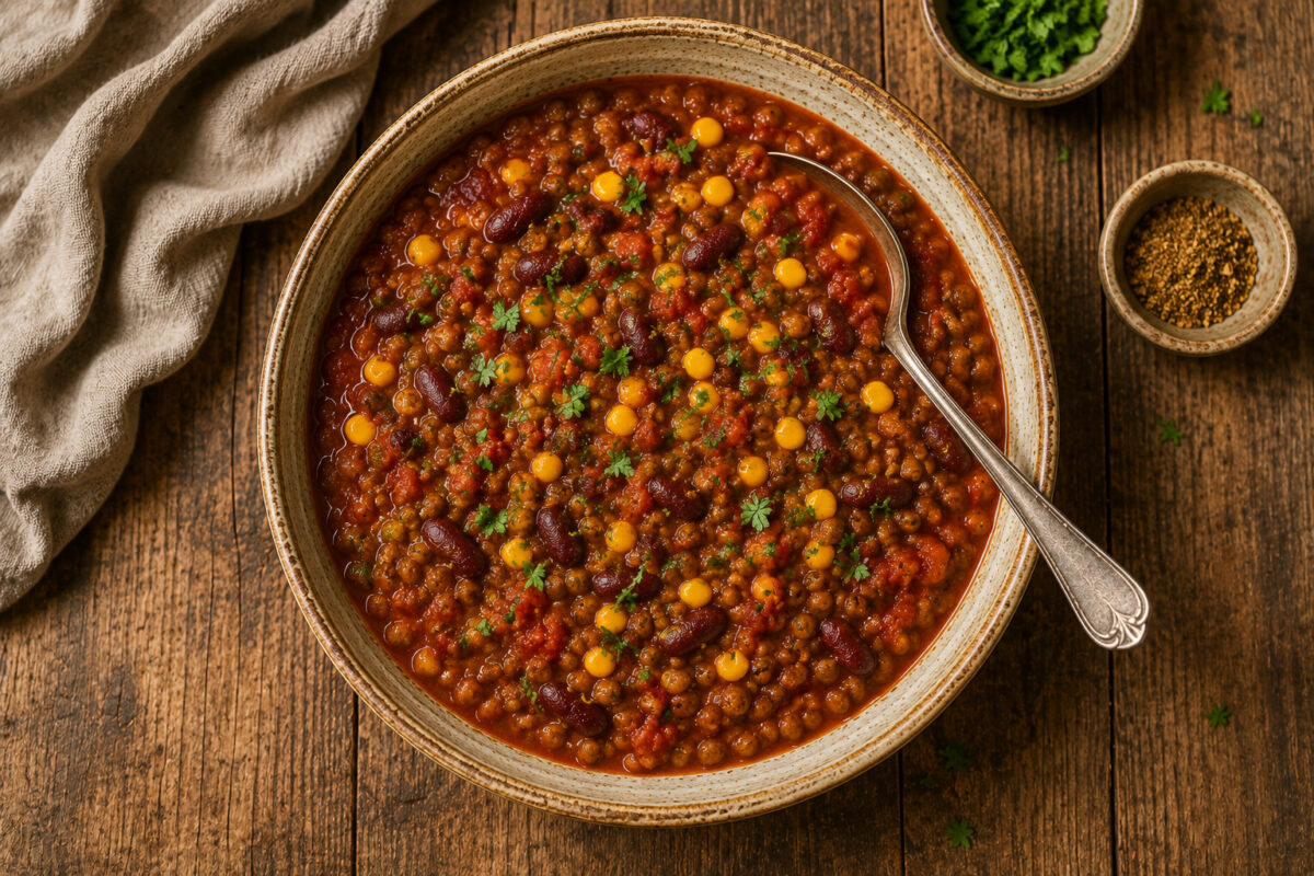 Fertiges Linsen-Chili aus deutlich anderer, stärker von oben geführter Perspektive in derselben rustikalen Bildserie.