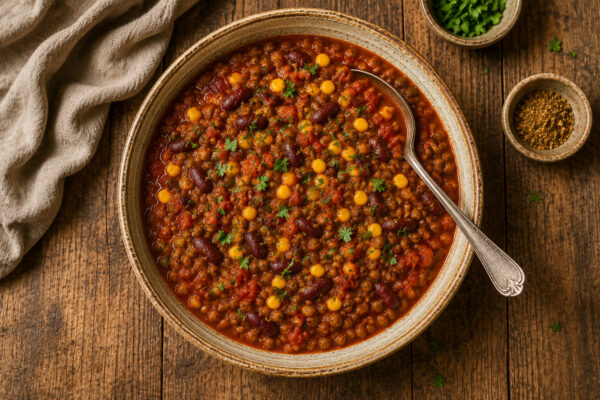 Fertiges Linsen-Chili aus deutlich anderer, stärker von oben geführter Perspektive in derselben rustikalen Bildserie.