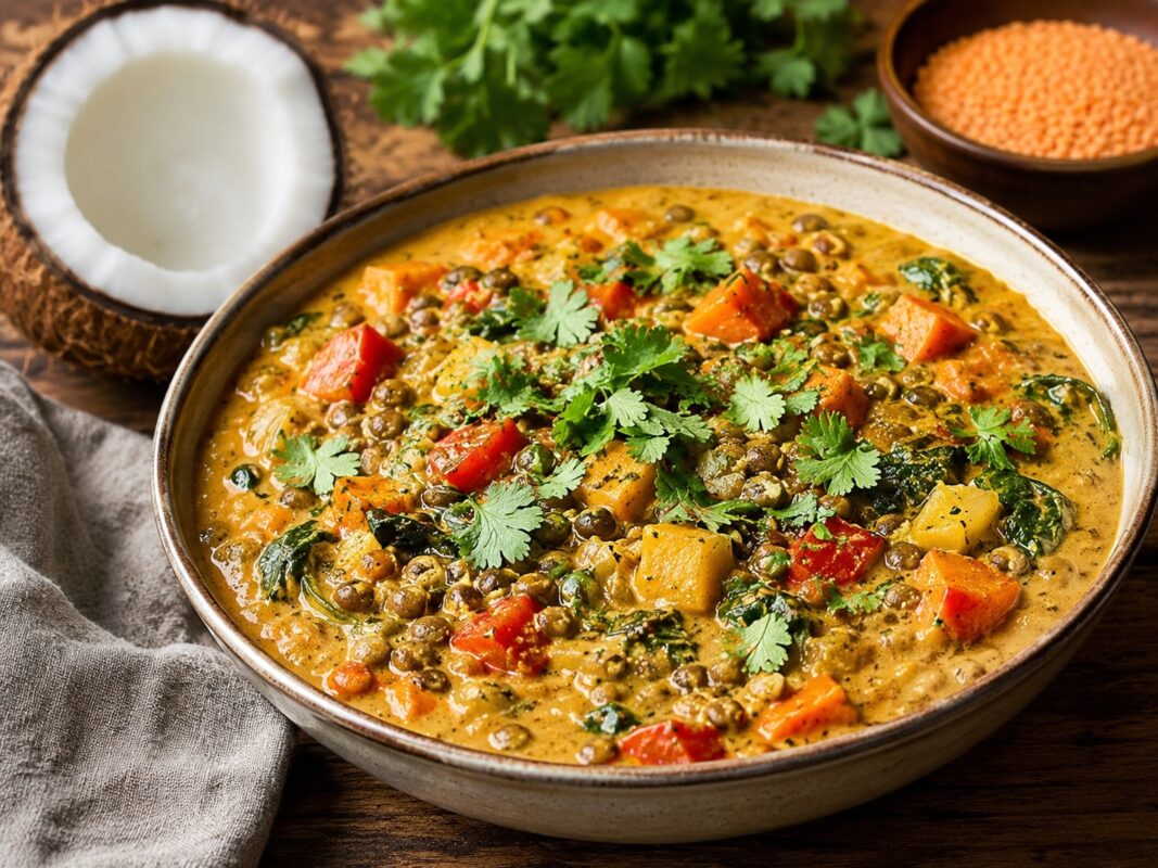 Dickes Linsen-Curry mit Gemüsewürfeln in goldener Kokossauce.