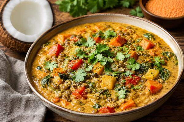 Dickes Linsen-Curry mit Gemüsewürfeln in goldener Kokossauce.