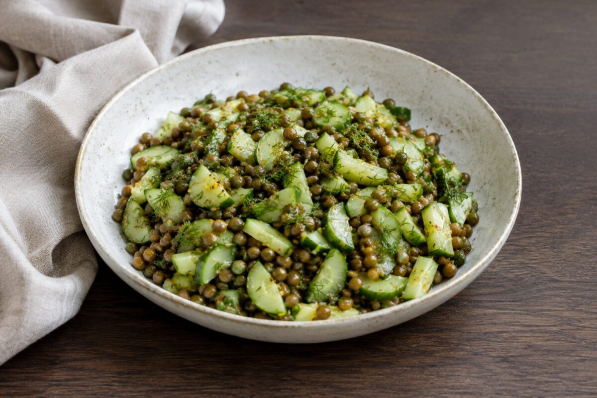 Hauptansicht des fertigen Gerichts. Rezept: Linsen-Gurken-Salat mit Dill und Senf