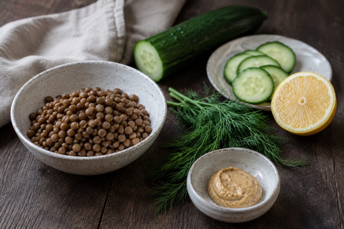 Zutaten- und Vorbereitungsansicht. Rezept: Linsen-Gurken-Salat mit Dill und Senf