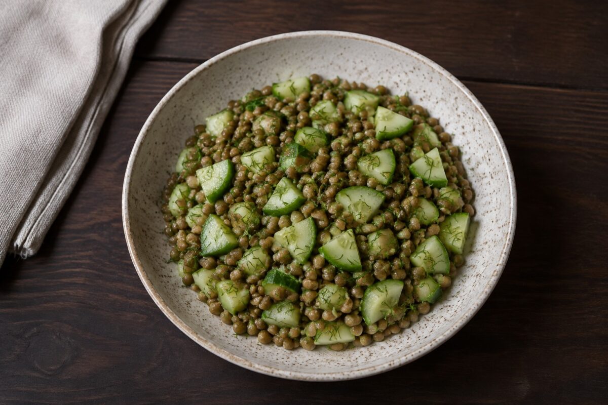 Fertiges Gericht aus alternativer Perspektive. Rezept: Linsen-Gurken-Salat mit Dill und Senf