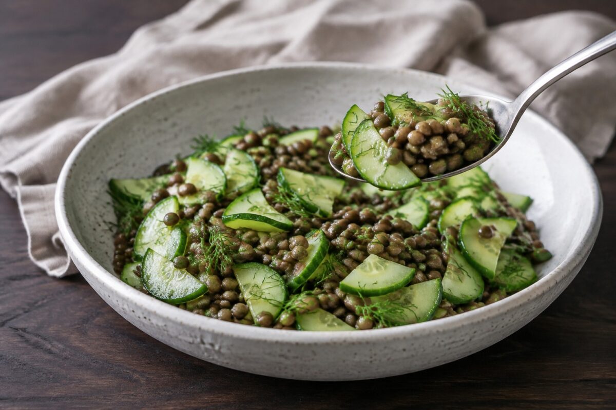Servierszene mit dem fertigen Gericht. Rezept: Linsen-Gurken-Salat mit Dill und Senf