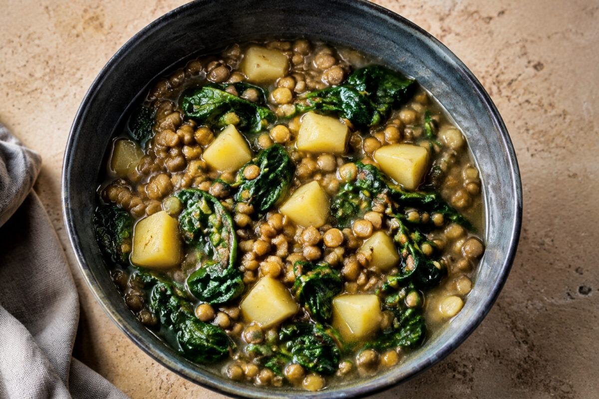 Hauptansicht des fertigen Gerichts. Rezept: Linsen-Kartoffel-Eintopf mit Spinat