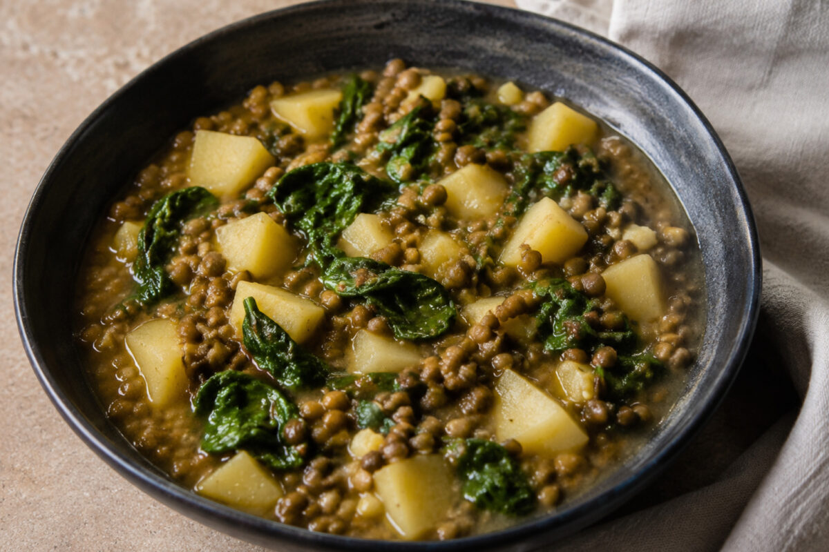 Fertiges Gericht aus alternativer Perspektive. Rezept: Linsen-Kartoffel-Eintopf mit Spinat