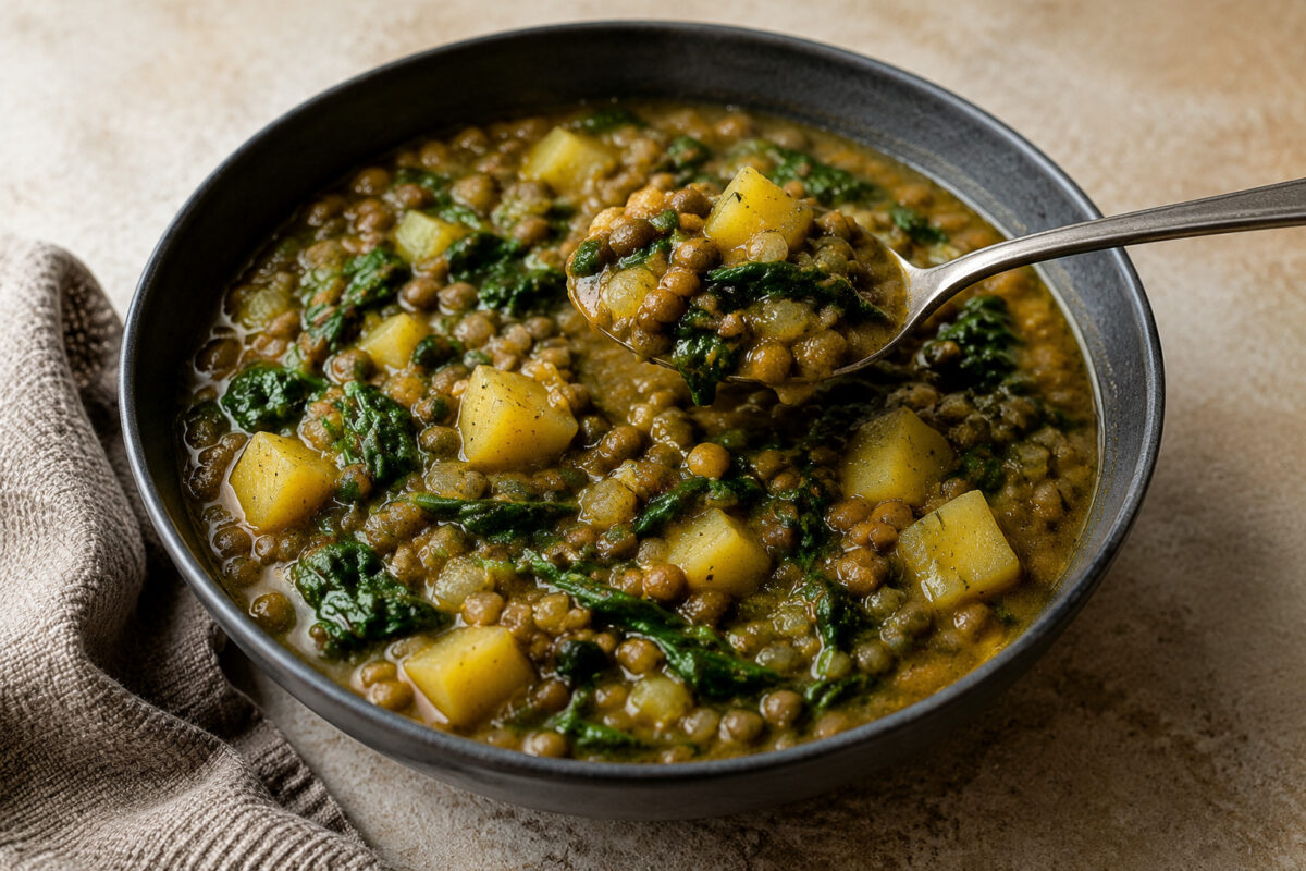 Servierszene mit dem fertigen Gericht. Rezept: Linsen-Kartoffel-Eintopf mit Spinat