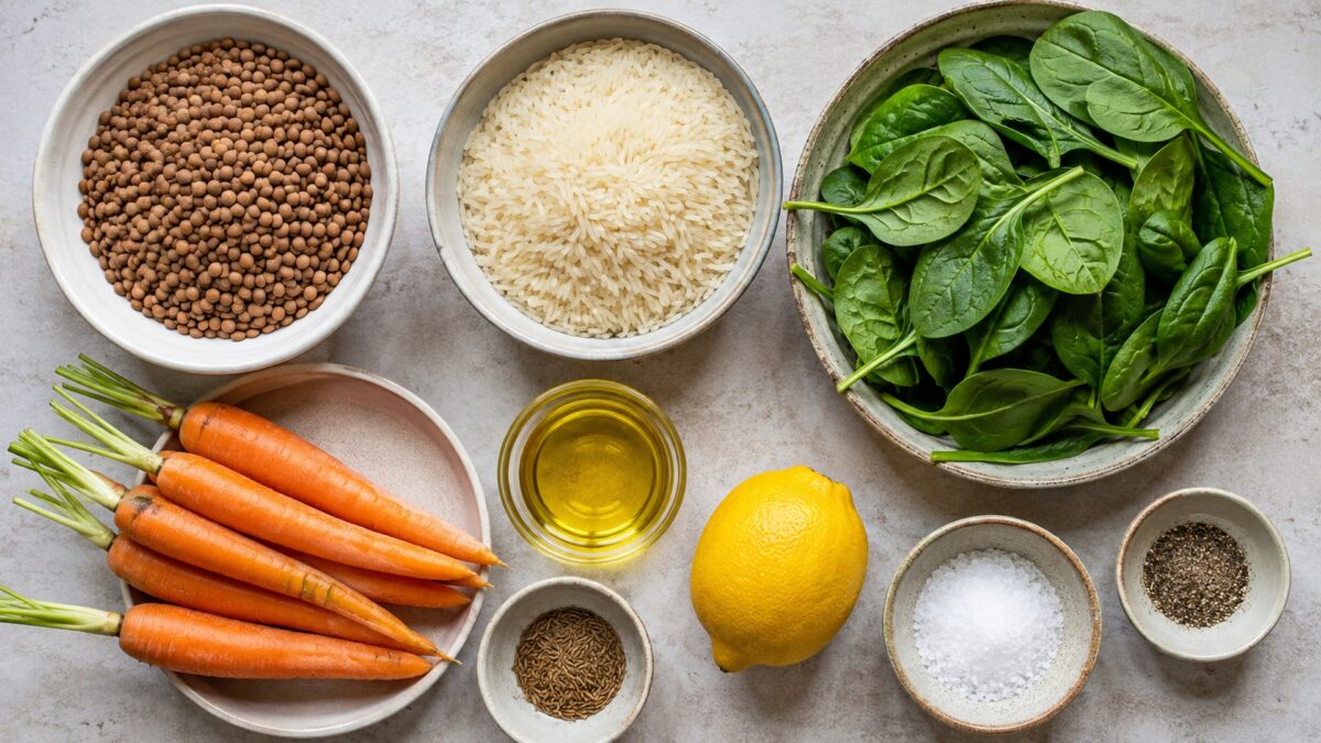Übersicht aller Zutaten für „Linsen-Reis-Bowl mit Spinat und Möhren“ auf heller Arbeitsfläche, sauber gruppiert, ohne Verpackungsschrift und ohne fertiges Gericht.