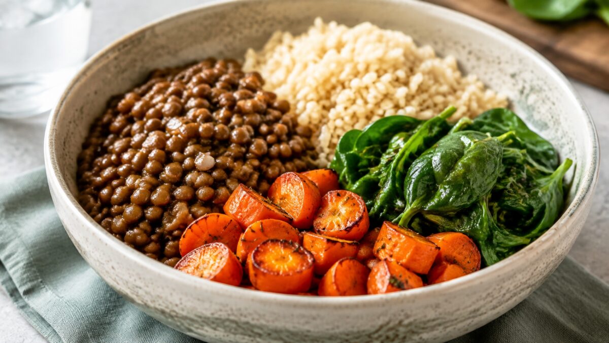 Alternative Perspektive des fertigen Gerichts: Echte Bowl mit klar getrennten Segmenten aus braune Linsen, Reis und Blattspinat und Möhren; Zutaten erst beim Essen mischbar und optisch deutlich voneinander abgegrenzt. Etwas näher aufgenommen, natürliche…