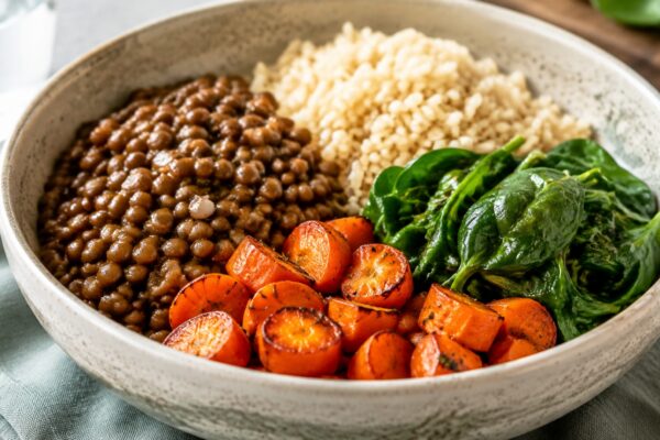 Alternative Perspektive des fertigen Gerichts: Echte Bowl mit klar getrennten Segmenten aus braune Linsen, Reis und Blattspinat und Möhren; Zutaten erst beim Essen mischbar und optisch deutlich voneinander abgegrenzt. Etwas näher aufgenommen, natürliche…
