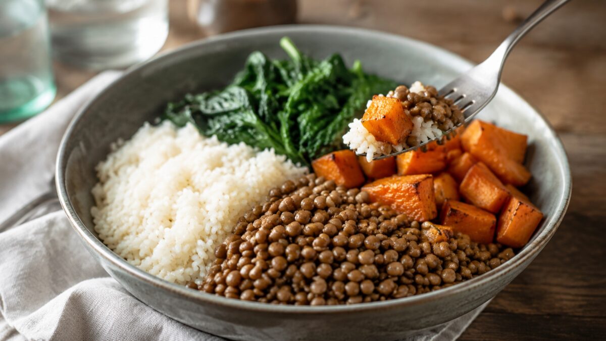 Lebendige Servierszene für „Linsen-Reis-Bowl mit Spinat und Möhren“: eine Gabel oder ein Besteckteil nimmt gerade eine Portion auf; braune Linsen, Reis und Blattspinat und Möhren bleiben trotzdem klar erkennbar.