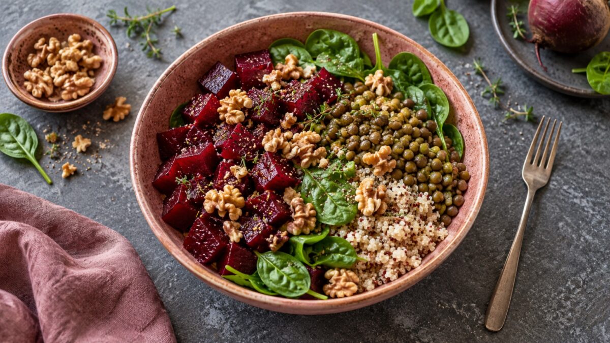Linsen-Rote-Bete-Bowl mit Walnüssen