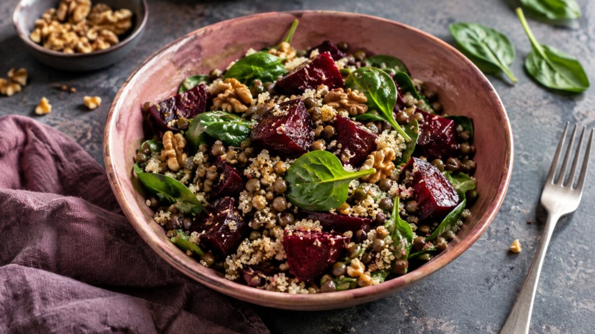Linsen-Rote-Bete-Bowl mit Walnüssen
